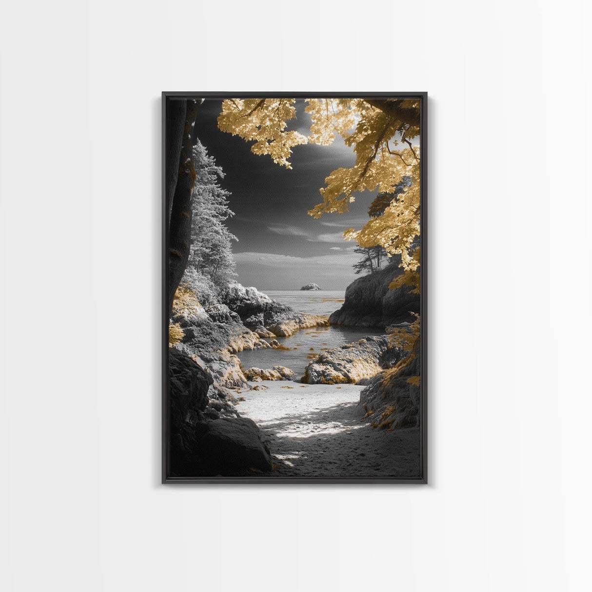 Yellow Trees, Autumn Beach, Ocean View, Framed Canvas Print, Nature Photography, Fall Landscape Wall Art, Coastal Living Room Decor