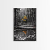 Lone Yellow Tree, Tranquil Pond, Forest Reflection, Canvas Print, Fall Nature Wall Art, Autumn Minimalist Decor, Peaceful Meditation Room