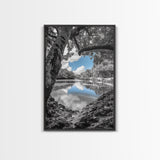 Blue Sky River, Tropical Trees, Natural Tranquility, Framed Canvas Print, Relaxing Bedroom Wall Art, Coastal Nature, Serene Landscape Decor