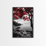Red Leaves, Dramatic Coast, Ocean Horizon, Canvas Print, Autumn Coastal Wall Art, Bold Nature Photography, Moody Fall Decor, Beach Theme