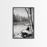 Winter Fishing, Snowy River, Peaceful Solitude, Canvas Print, Cabin Wall Art, Rustic Outdoor Decor, Black White Nature Photography