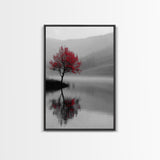 Red Tree, Foggy Lake, Peaceful Landscape Scene, Framed Canvas Print, Autumn Nature Wall Art, Minimalist Fall Decor, Moody Aesthetic