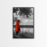 Red Coat Figure, Lakeside Reflection, Mystery Forest Mood, Canvas Print, Autumn Minimalist Wall Art, Moody Storybook Decor, Nature Style