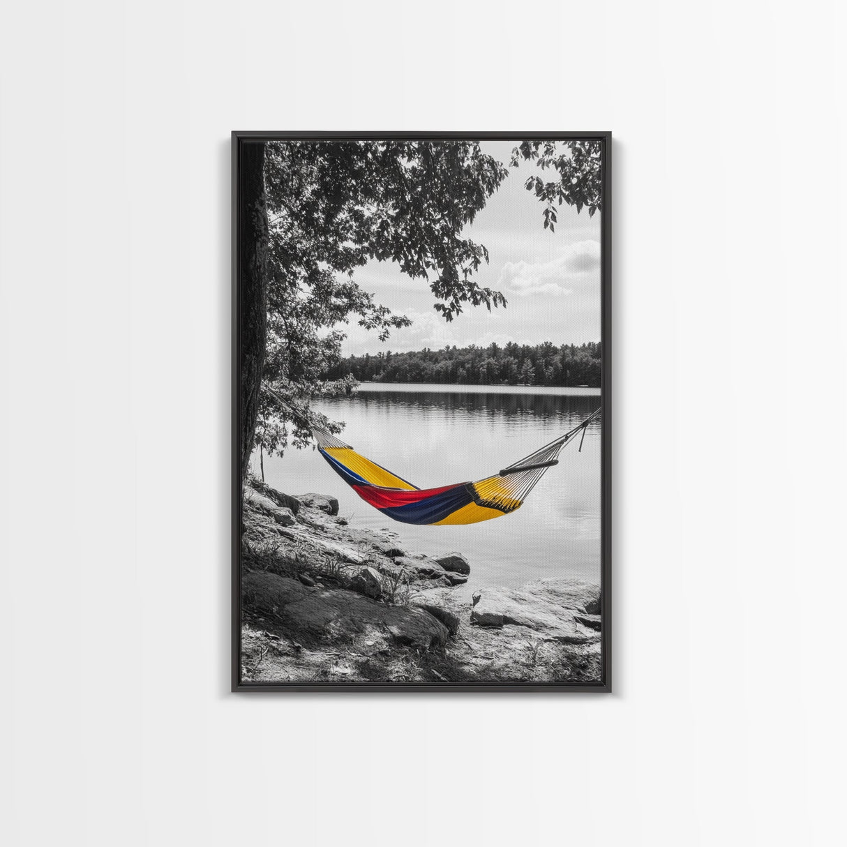 Hammock Lake Scene, Peaceful Nature Art, Fall Outdoors, Relaxed Escape, Framed Canvas Print, boho decor, bedroom art, cozy wall print