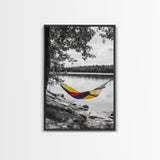 Hammock Lake Scene, Peaceful Nature Art, Fall Outdoors, Relaxed Escape, Framed Canvas Print, boho decor, bedroom art, cozy wall print