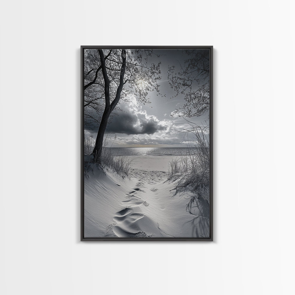 Beach Dunes Sunset, Seaside Escape, Quiet Shore Path, Coastal Calm, Framed Canvas Print, neutral coastal art,  bathroom wall decor