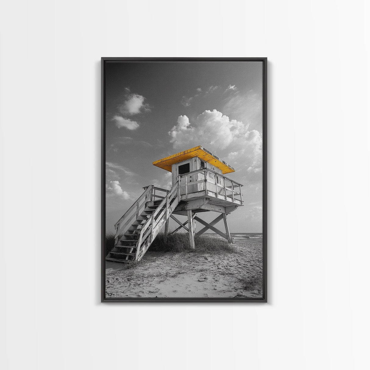 Lifeguard Tower Yellow, Beach Escape, Summer Vibe Art, Ocean Watch Post, Framed Canvas Print, coastal home decor, beach house wall art