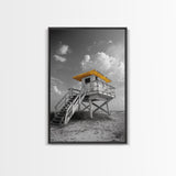Lifeguard Tower Yellow, Beach Escape, Summer Vibe Art, Ocean Watch Post, Framed Canvas Print, coastal home decor, beach house wall art