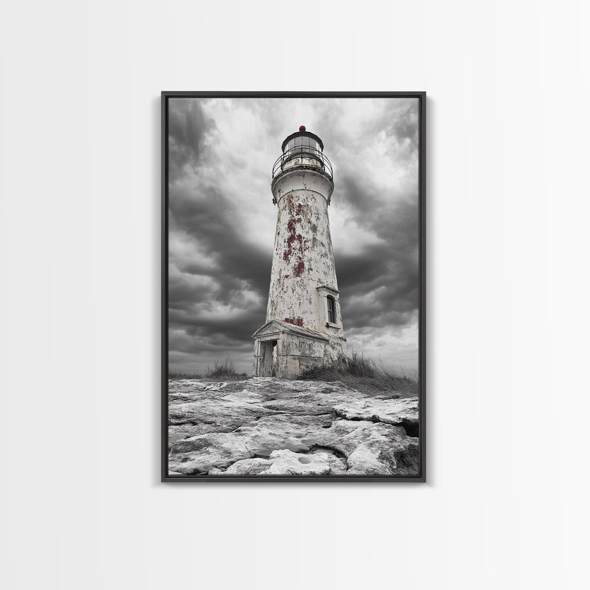Rustic Lighthouse Shore, Weathered Tower Art, Stormy Coast Scene, Moody Seaside, Framed Canvas Print, nautical bathroom or den wall decor