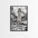 Rustic Lighthouse Shore, Weathered Tower Art, Stormy Coast Scene, Moody Seaside, Framed Canvas Print, nautical bathroom or den wall decor