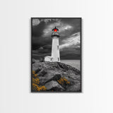 Red Beacon Lighthouse, Rocky Coast Light, Dramatic Storm Sky, Ocean Guide, Framed Canvas Print, nautical office wall art, bold coastal art