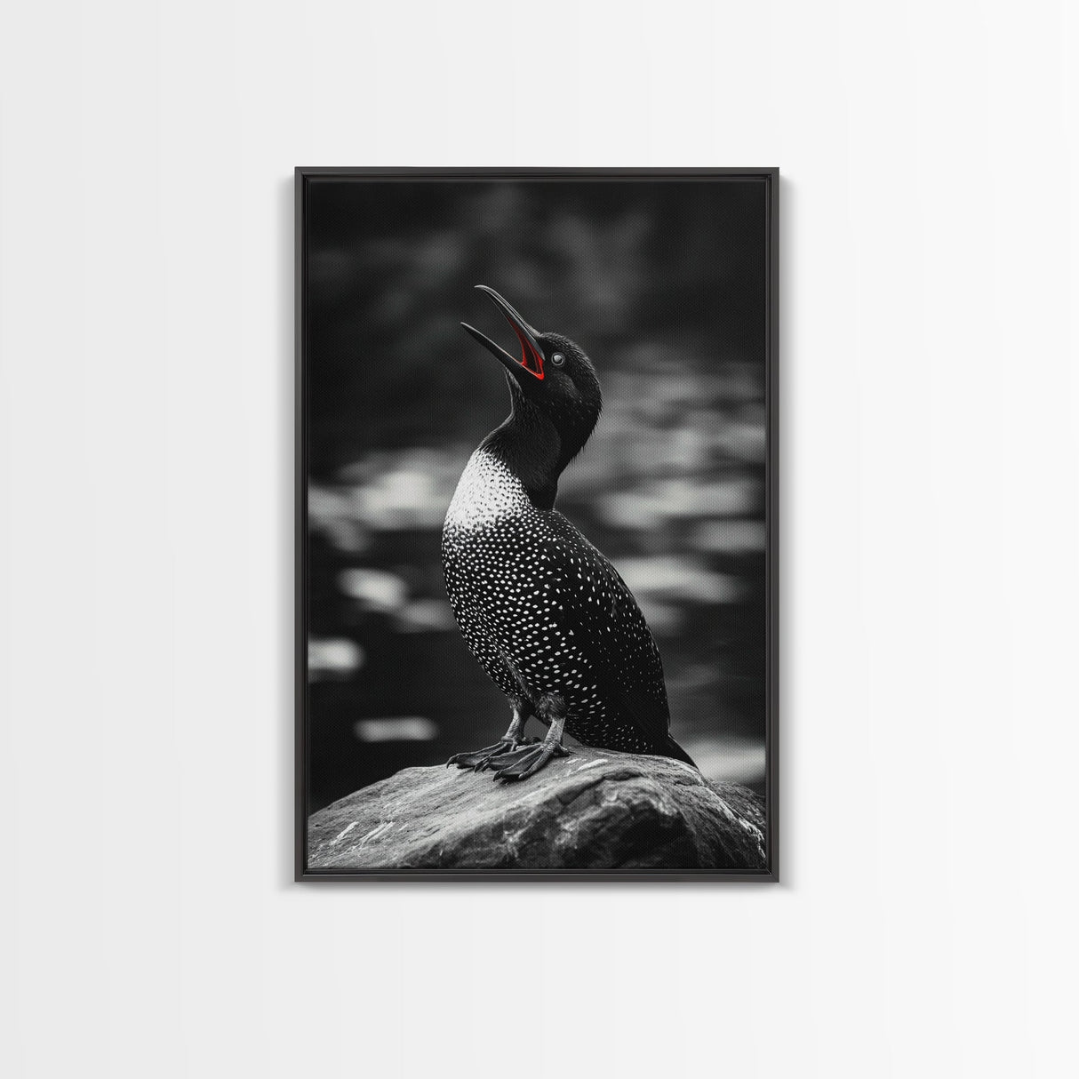 Loon Call, Singing Bird, Red Beak, Monochrome Framed Canvas Print, Wildlife Wall Decor, Bird Lover Wall Art, Rustic Cabin Accent