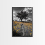 Yellow Meadow, Tree Path, Sunny Flowers, Autumn Framed Canvas Print, Field Landscape Wall Art, Nature Lover Decor, Boho Fall Vibes