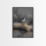 Egret Bird Scene, Autumn Riverbank, Wildlife Nature Print, Moody Wetland Landscape, Framed Canvas Print, Rustic Living Room Wall Art