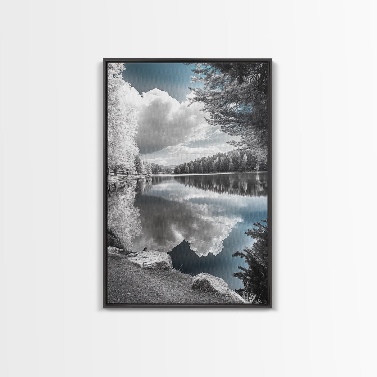 Mountain Lake Clouds, Serene Forest Reflection, Scenic Nature Photography, Framed Canvas Print, Bedroom Tranquility Wall Art