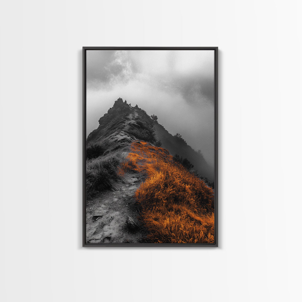 Misty Mountain Hike, Orange Trail Grass, Adventure Explorer Print, Moody Wilderness Scene, Framed Canvas Print, Rustic Cabin Wall Art