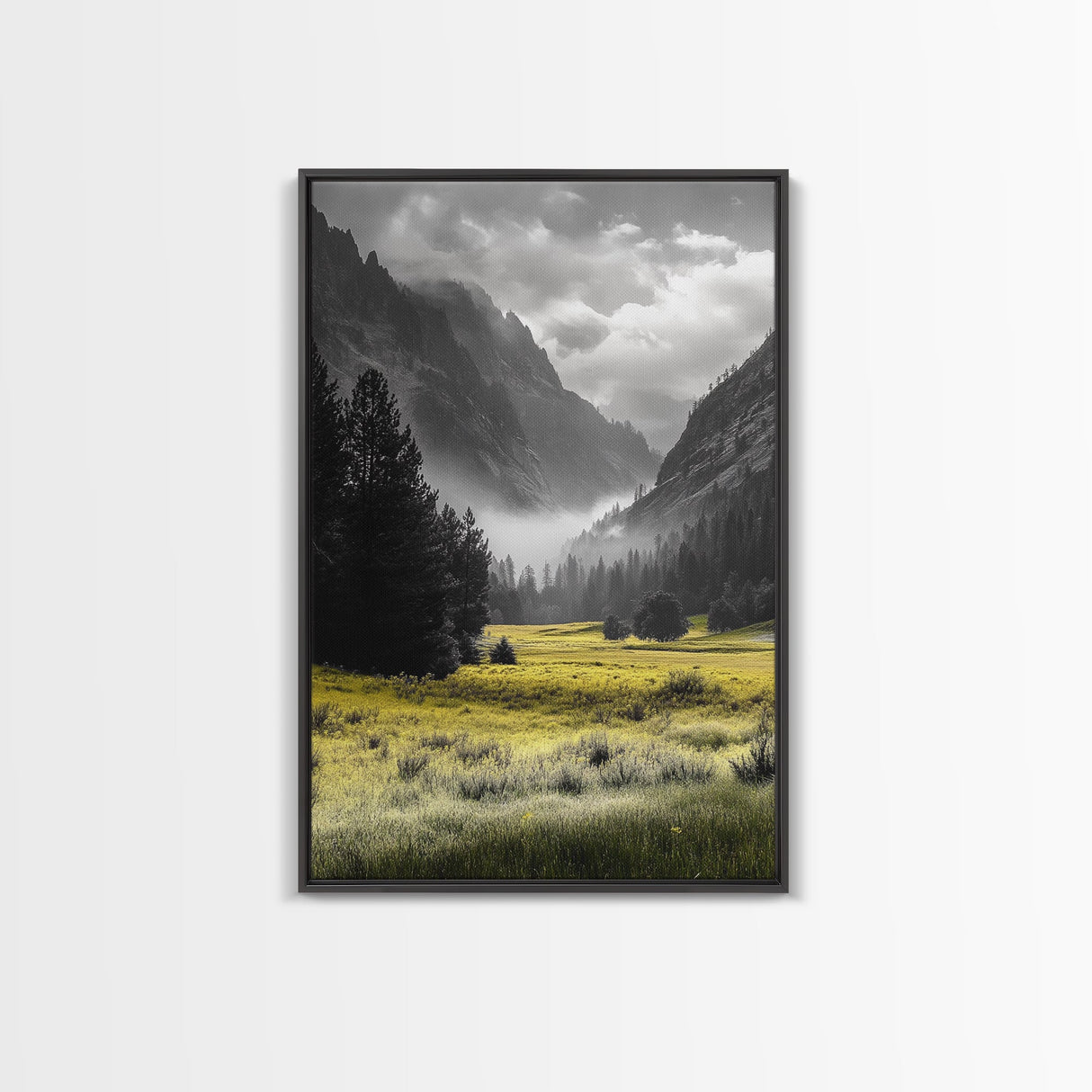 Yellow Meadow Valley, Foggy Mountain Scene, Serene Landscape Photography, Framed Canvas Print, Nature Lover Living Room Wall Art