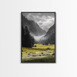 Yellow Meadow Valley, Foggy Mountain Scene, Serene Landscape Photography, Framed Canvas Print, Nature Lover Living Room Wall Art