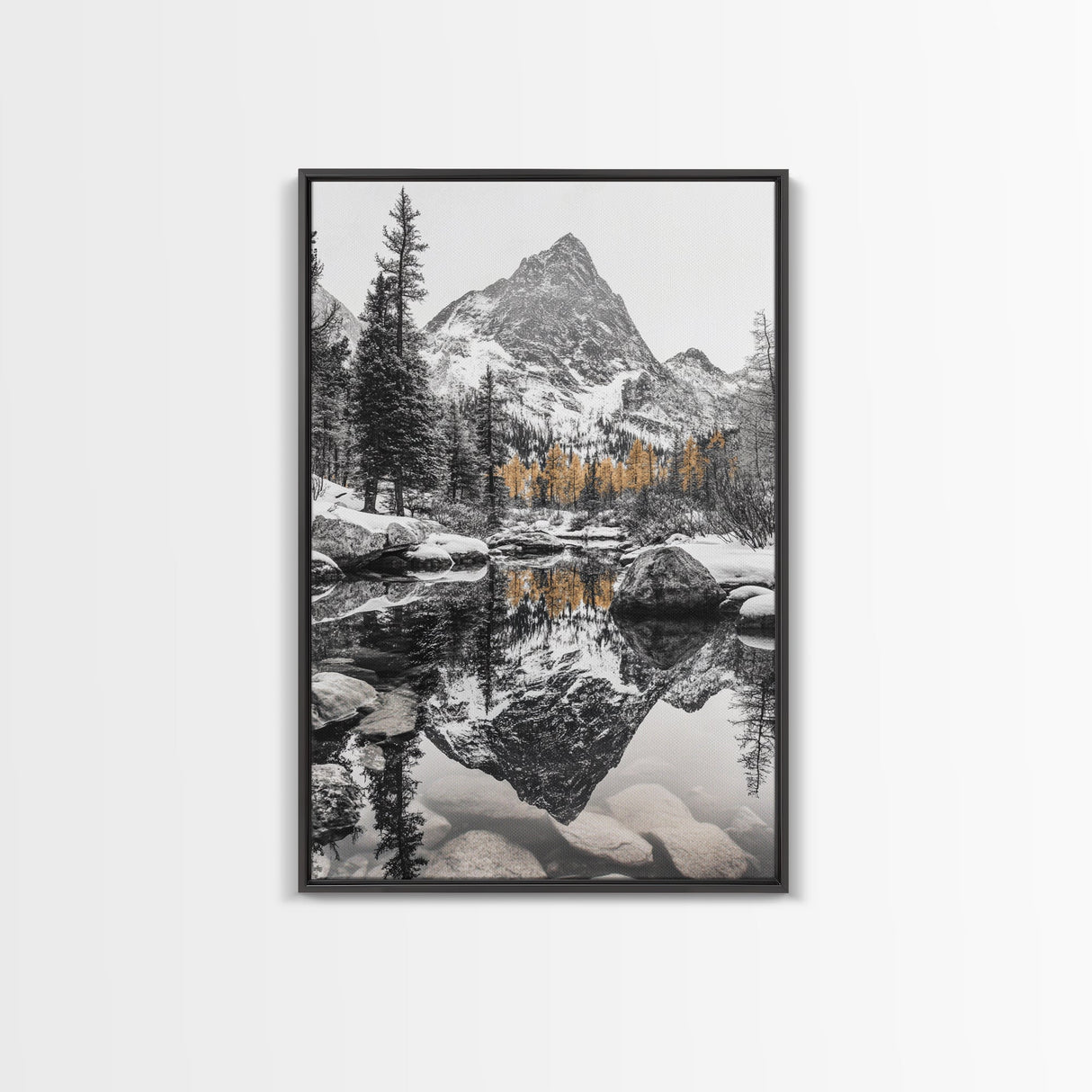 Snow Reflection Forest, Autumn Trees, Serene Mountain River, Framed Canvas Print, Bedroom Wall Art, Peaceful Cabin Scene, Fall Art