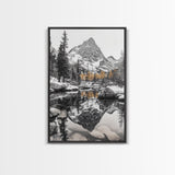 Snow Reflection Forest, Autumn Trees, Serene Mountain River, Framed Canvas Print, Bedroom Wall Art, Peaceful Cabin Scene, Fall Art