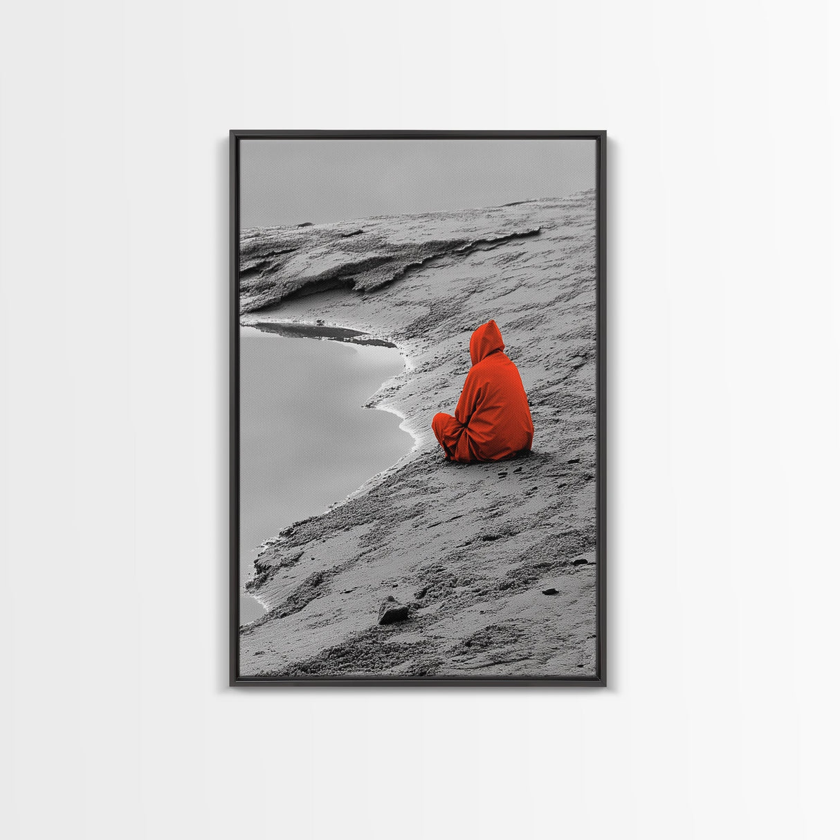 Red Cloaked Solitude, Minimalist Seashore, Peaceful Hooded Figure, Framed Canvas Print, Meditation Room Art, Surreal Photography