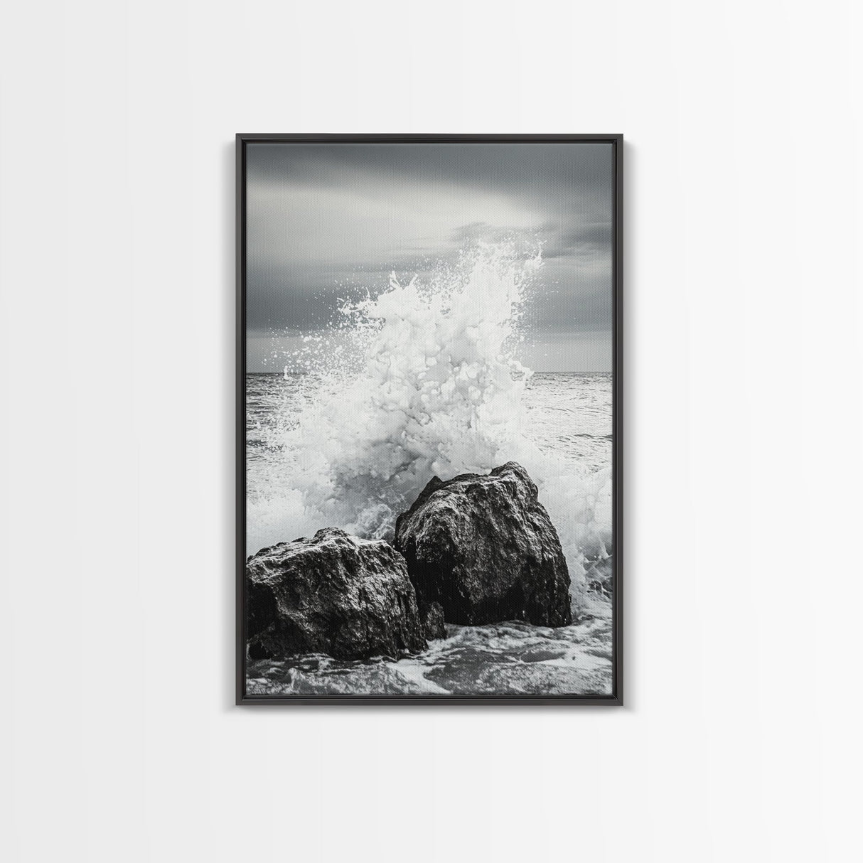 Ocean Splash, Rocky Coast, Dramatic Seascape, Monochrome Power, Framed Canvas Print, Coastal Wall Art, Entryway or Office Decor