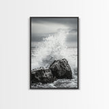 Ocean Splash, Rocky Coast, Dramatic Seascape, Monochrome Power, Framed Canvas Print, Coastal Wall Art, Entryway or Office Decor