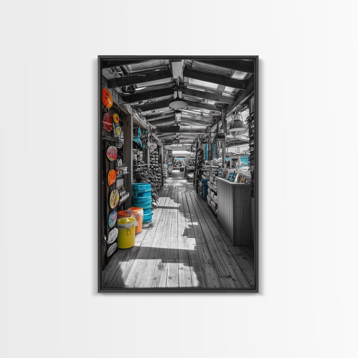 Market Stroll, Beach Shop, Coastal Market, Tropical Life, Framed Canvas Print, Boho Beach Art, Kitchen or Entryway Wall Art