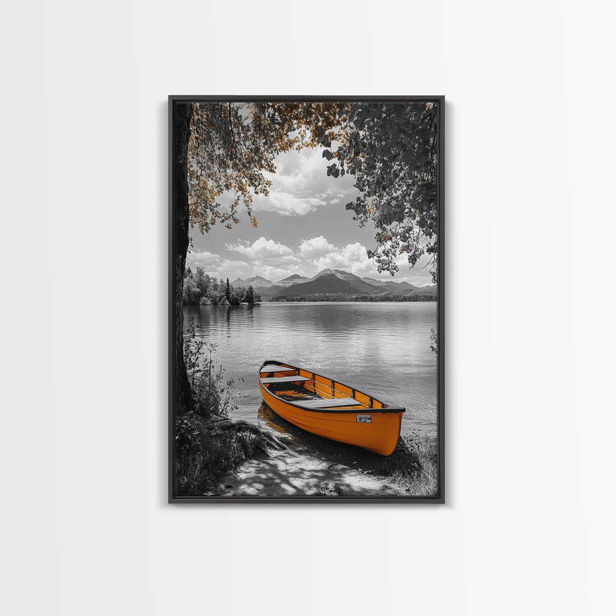 Lake Rowboat, Serene Waters, Mountain Reflection, Framed Canvas Print, Minimalist Nature Art, Living Room Wall Art, Tranquil Landscape