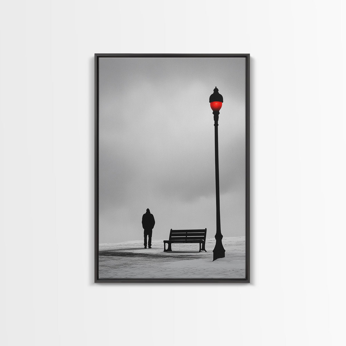 Red Street Lamp, Snowy Walkway, Silhouette Scene, Framed Canvas Print, Moody Wall Art, Minimalist Decor, Winter Vibes, Bedroom Accent