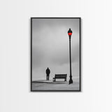 Red Street Lamp, Snowy Walkway, Silhouette Scene, Framed Canvas Print, Moody Wall Art, Minimalist Decor, Winter Vibes, Bedroom Accent