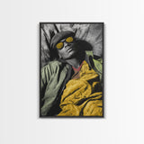 Urban Cool, Yellow Shades, Relaxed Style, Bold Portrait, Framed Canvas Print streetwear photography print, modern bedroom wall art