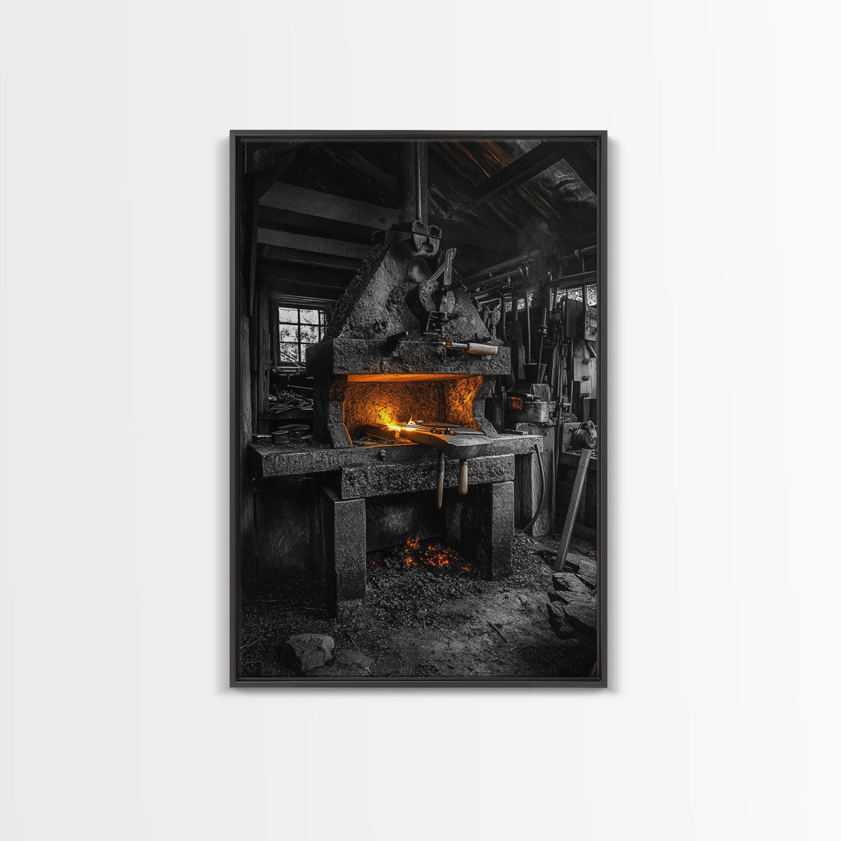 Forge Fire, Rustic Workshop, Industrial Heat, Metal Craft, Framed Canvas Print blacksmith decor, man cave wall art, moody workshop vibe