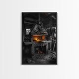Forge Fire, Rustic Workshop, Industrial Heat, Metal Craft, Framed Canvas Print blacksmith decor, man cave wall art, moody workshop vibe