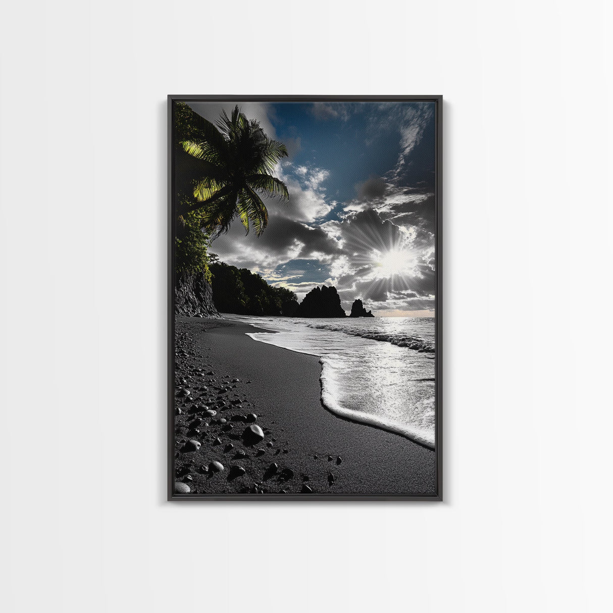Sunset Beach, Rocky Coast, Dramatic Sky, Bold Light, Framed Canvas Print tropical sunset wall art, beach photography, bathroom decor