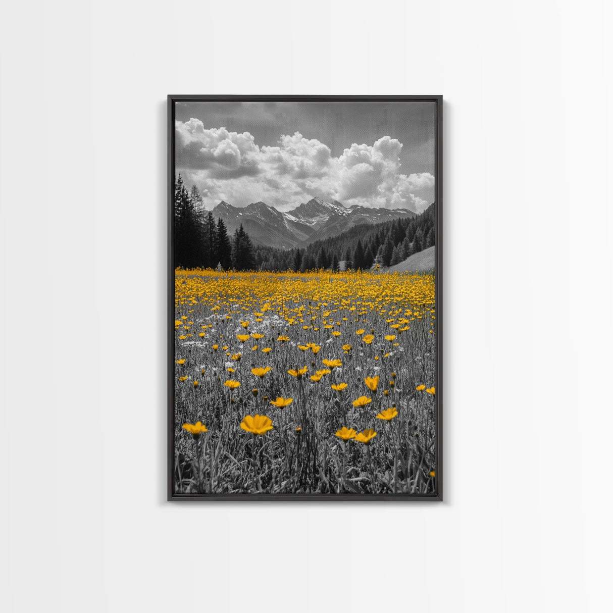 Yellow Wildflowers, Mountain Field, Blooming Meadow, Framed Canvas Print, Nature Photography, Rustic Decor, Dining Room Wall Art