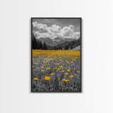 Yellow Wildflowers, Mountain Field, Blooming Meadow, Framed Canvas Print, Nature Photography, Rustic Decor, Dining Room Wall Art