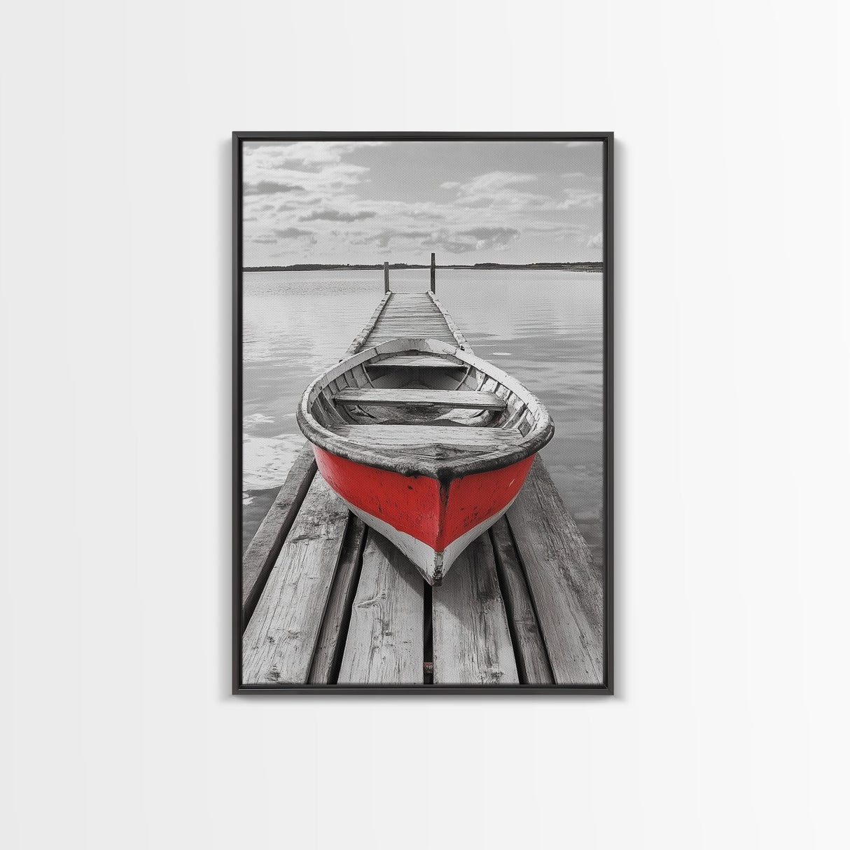 Red Rowboat, Dock Stillness, Minimalist Lake Scene, Canvas Print, Nautical Wall Art, Bathroom Decor, Tranquil Seascape, Coastal Aesthetic