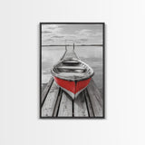 Red Rowboat, Dock Stillness, Minimalist Lake Scene, Canvas Print, Nautical Wall Art, Bathroom Decor, Tranquil Seascape, Coastal Aesthetic