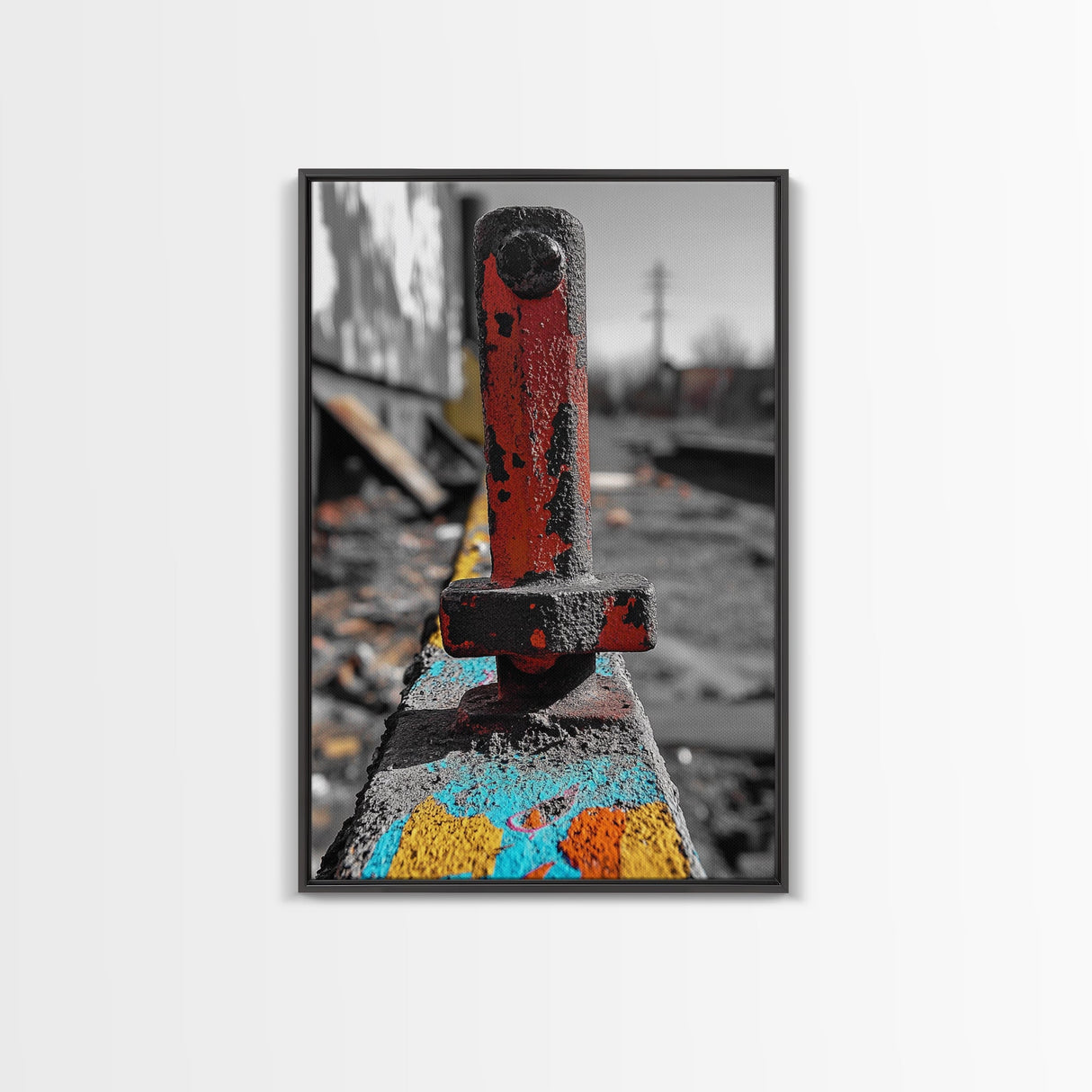 Red Peg, Graffiti Steel, Urban Rust Texture, Canvas Print, Industrial Wall Art, Modern Loft Decor, Urban Decay Photography