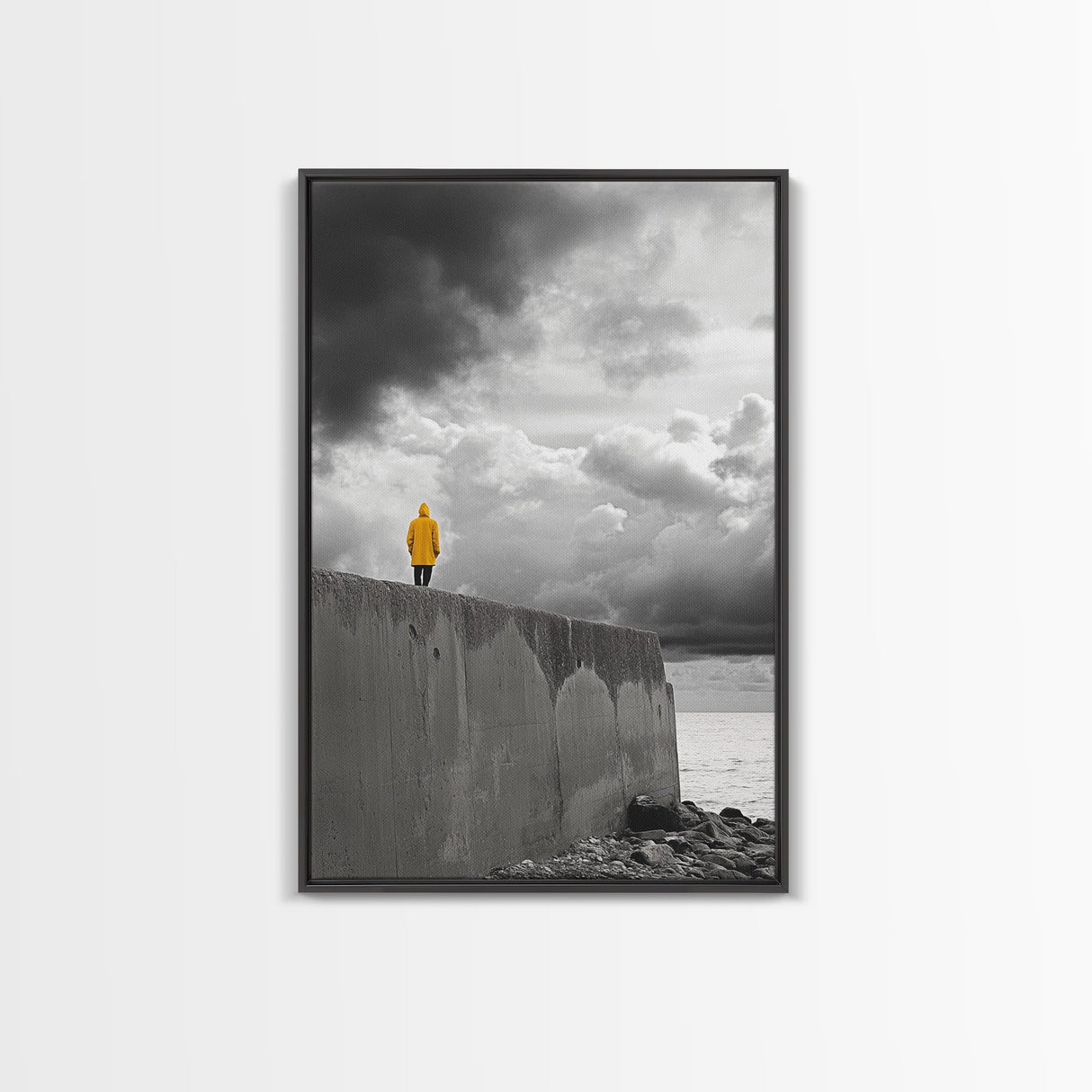 Yellow Raincoat, Ocean Storm, Moody Skies, Framed Canvas Print, Minimalist Wall Art, Coastal Entryway Decor, Contemplative Scene
