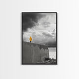 Yellow Raincoat, Ocean Storm, Moody Skies, Framed Canvas Print, Minimalist Wall Art, Coastal Entryway Decor, Contemplative Scene