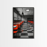 Retro Cafeteria, Red Chairs, Midcentury Modern Art, Canvas Print, Black and White Pop Art, Kitchen Wall Decor, Industrial Style