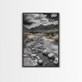 Desert Stream, Rocky Canyon, Moody Sky, Framed Canvas Print, Monochrome Landscape, Minimalist Art, Office or Entryway Decor