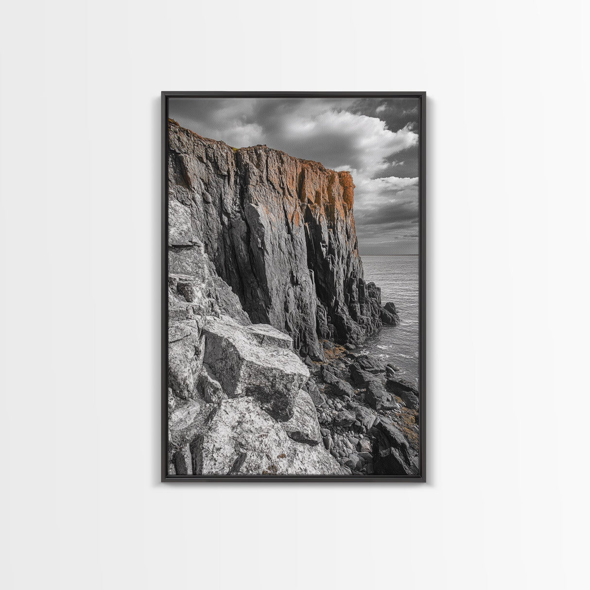 Rugged Cliff Coast, Ocean Rocks, Dramatic Sky, Seaside View, Framed Canvas Print, Coastal Decor, Living Room Wall Art, Earthy Tones