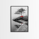 Red Bench, Misty Shore, Solitude Scene, Moody Fog Art, Framed Canvas Print, Minimalist Wall Art, Meditative Decor, Entryway Accent