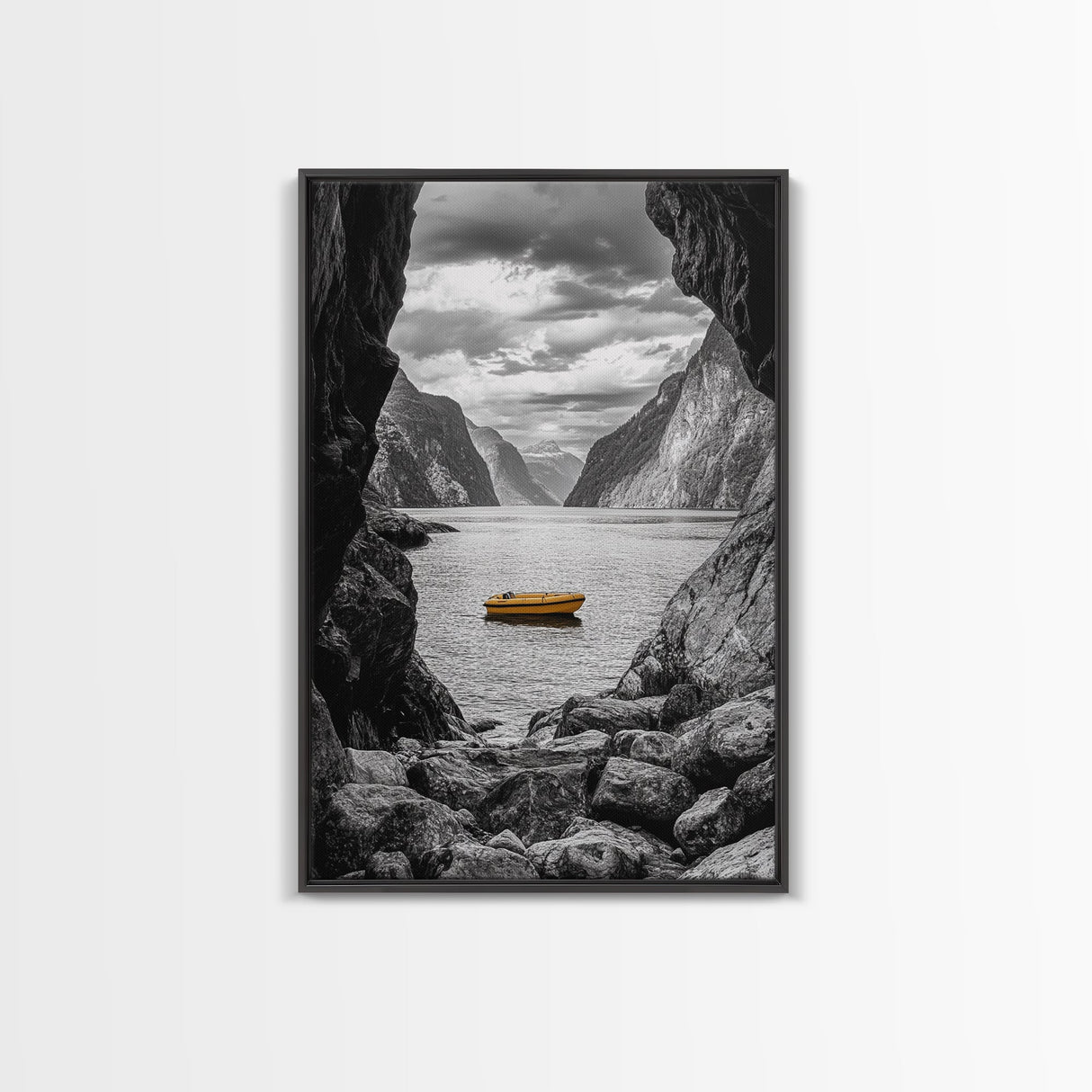 Yellow Boat, Mountain Lake, Serene Fjord Scene, Framed Canvas Print, Minimalist Wall Art, Nature Landscape, Scandinavian Decor