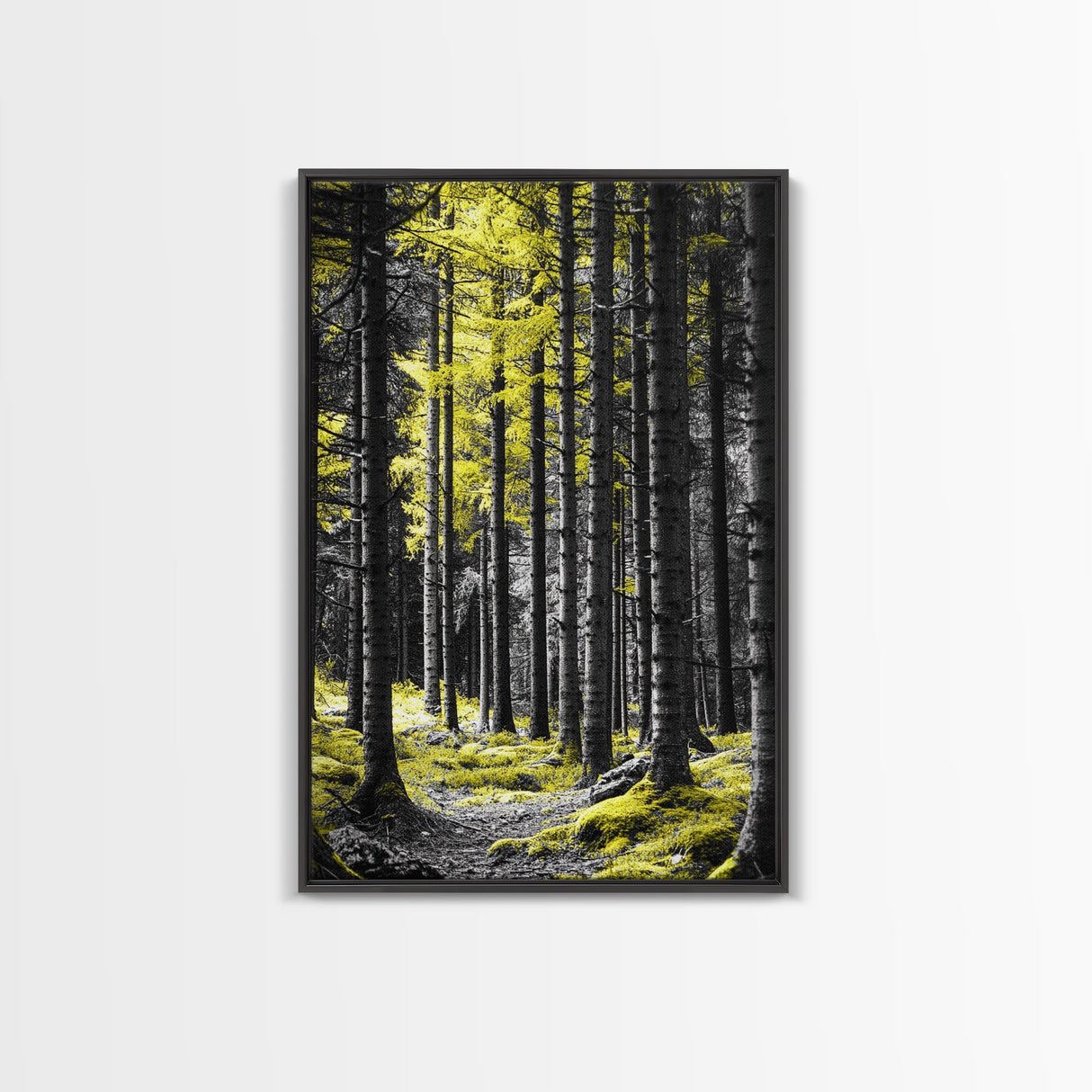 Yellow Forest, Tall Pines, Woodland Scene, Framed Canvas Print, Modern Nature Wall Art, Cabin Living Room Decor, Fall Forest Art