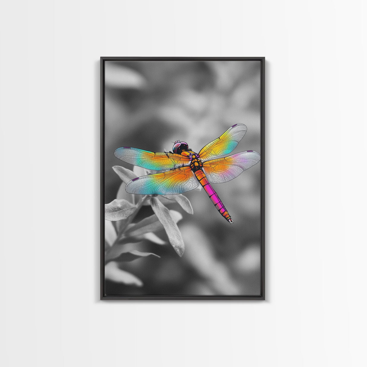 Rainbow Dragonfly, Vibrant Bug, Botanical Contrast, Framed Canvas Print, Nature Inspired Art, Bedroom Wall Decor, Whimsical Garden Accent