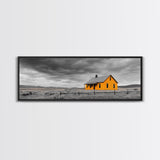 Yellow House, Stormy Sky, Minimalist Landscape, Rural Farmhouse, Framed Canvas Print, Rustic Wall Decor, Living Room Wall Art